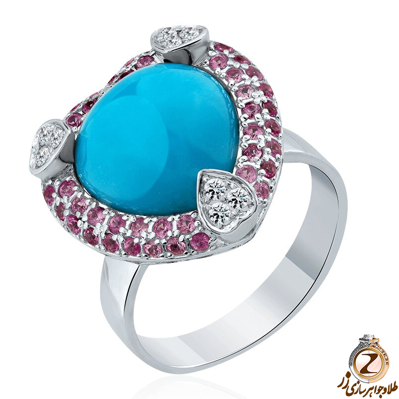 خرید و قیمت انگشتر فیروزه زنانه طلا جدید و خاص جواهر طرح قلب نگین الماس تراش برلیان و یاقوت قرمز - سایت زر