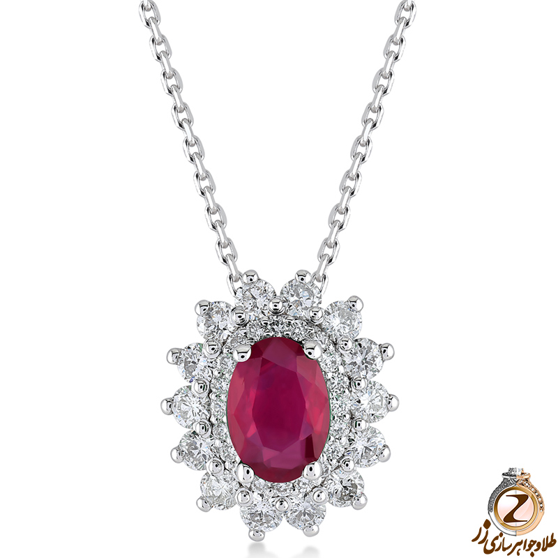 خرید و قیمت آویز و پلاک گردنبد طلا سفید 18 عیار طرح جدید زنانه و دخترانه یاقوت قرمز و الماس تراش برلیان - سایت زر