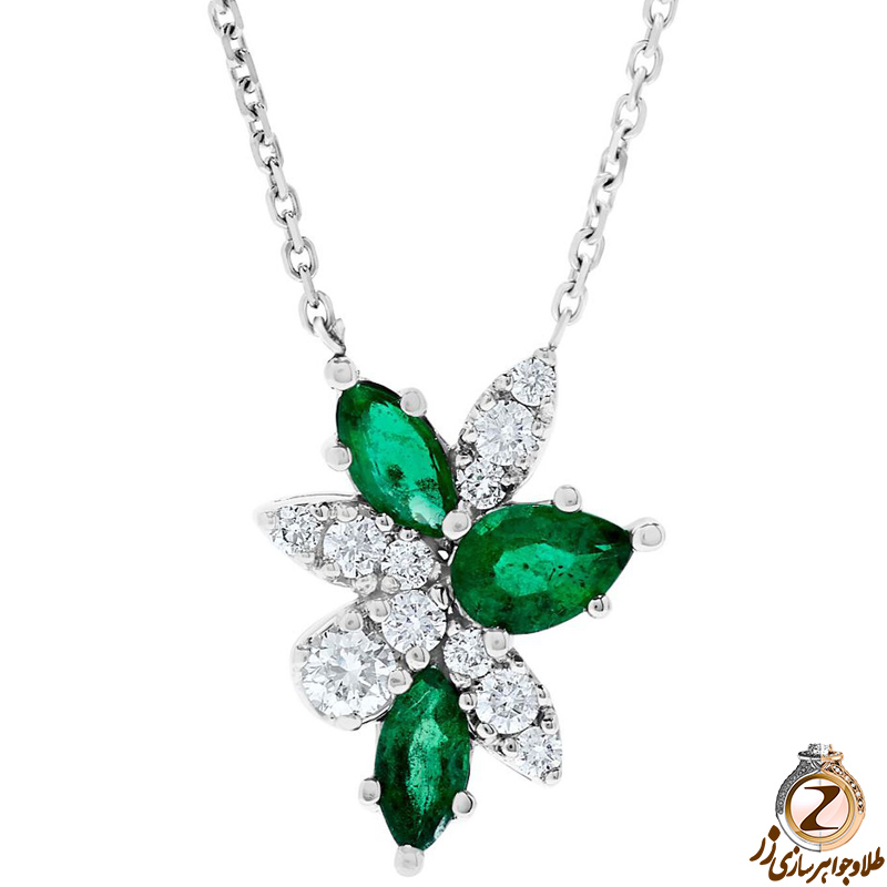 خرید و قیمت آویز گردنبند جدید طلا سفید زنانه 18 عیار جواهر نگین زمرد سبز و الماس تراش برلیان در سایت زر