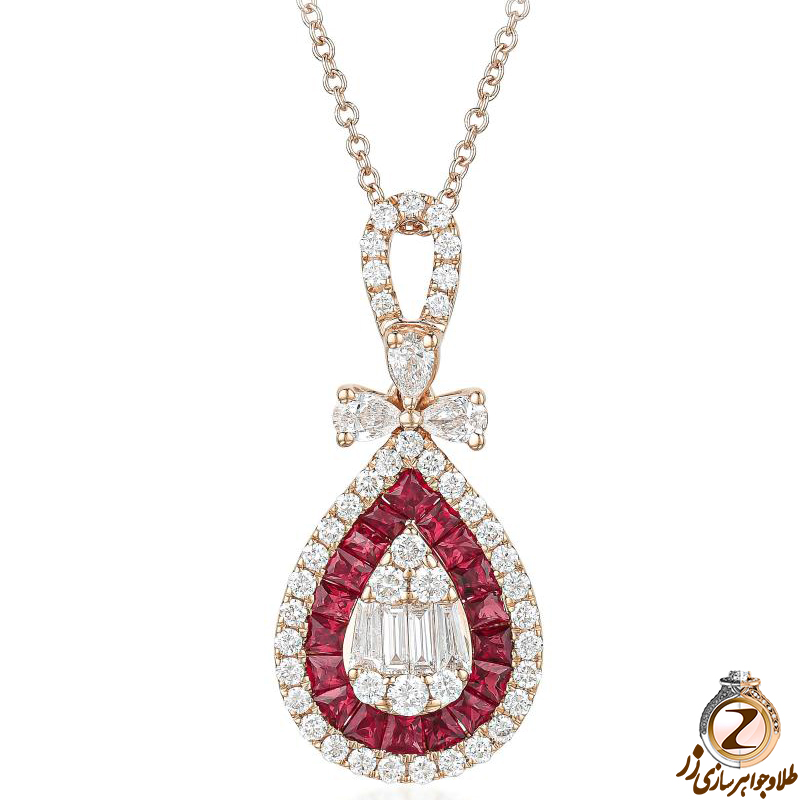 خرید و قیمت پلاک و آویز گردنبند طلا جدید جواهر یاقوت قرمز و الماس تراش برلیان و باگت طرح پاپیون - سایت زر