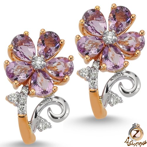 خرید و قیمت گوشواره گل طلای رزگلد زنانه آمیتیست و الماس تراش برلیان طرح گل 5 پر - سایت زر