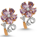 گوشواره گل طلای رزگلد زنانه آمیتیست و الماس تراش برلیان طرح گل 5 پر مدل: edf1550 