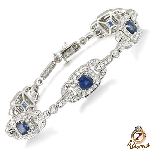 دستبند طلا زنانه یاقوت کبود و برلیان با طلای سفید 18 عیار