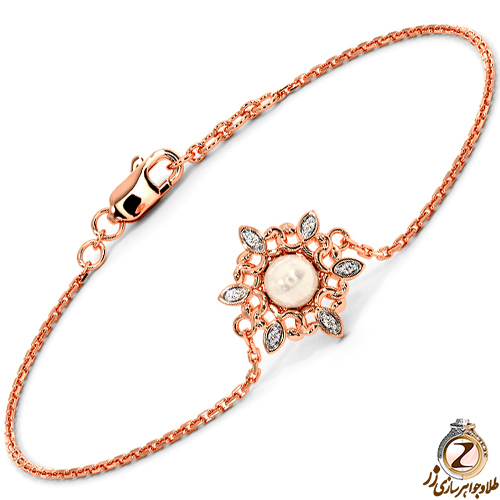 دستبند طلا زنانه مروارید و برلیان طلا رزگلد طرح گل 