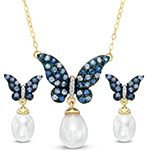 نیم ست طلا زرد با نگین یاقوت کبود، مروارید و برلیان طرح پروانه مدل: hsdf1459