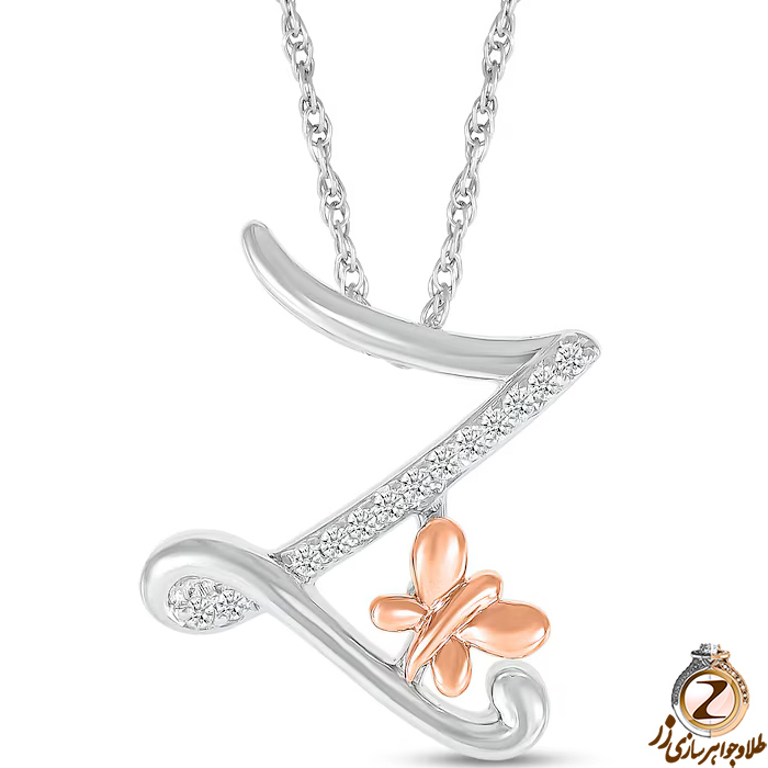 خرید و قیمت پلاک طلا حرف Z زنانه طرح پروانه با نگین برلیان طلای سفید و رزگلد - سایت زر