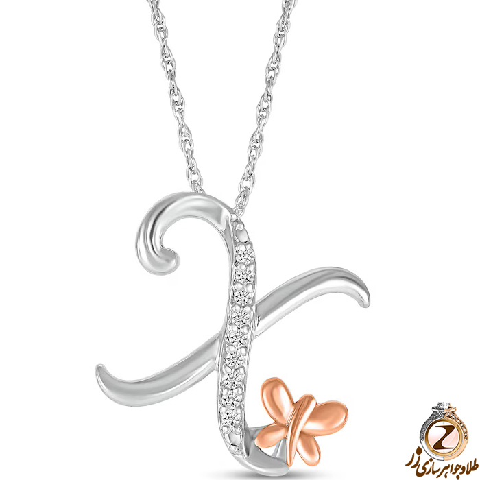 خرید و قیمت پلاک طلا حرف X زنانه طرح پروانه با نگین برلیان طلای سفید و رزگلد - سایت زر