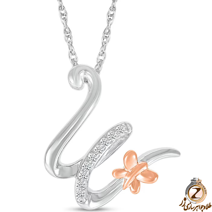 خرید و قیمت پلاک طلا حرف W زنانه طرح پروانه با نگین برلیان طلای سفید و رزگلد - سایت زر