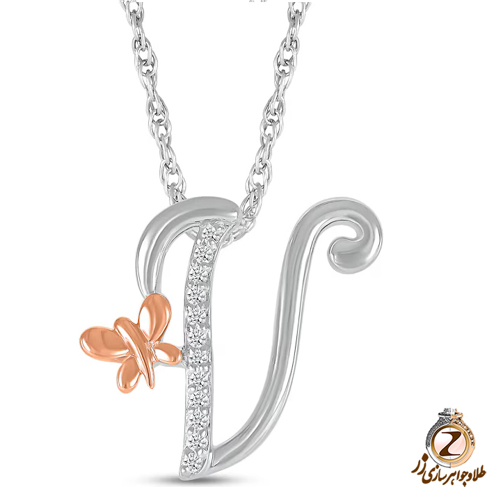 خرید و قیمت پلاک طلا حرف V زنانه طرح پروانه با نگین برلیان طلای سفید و رزگلد - سایت زر