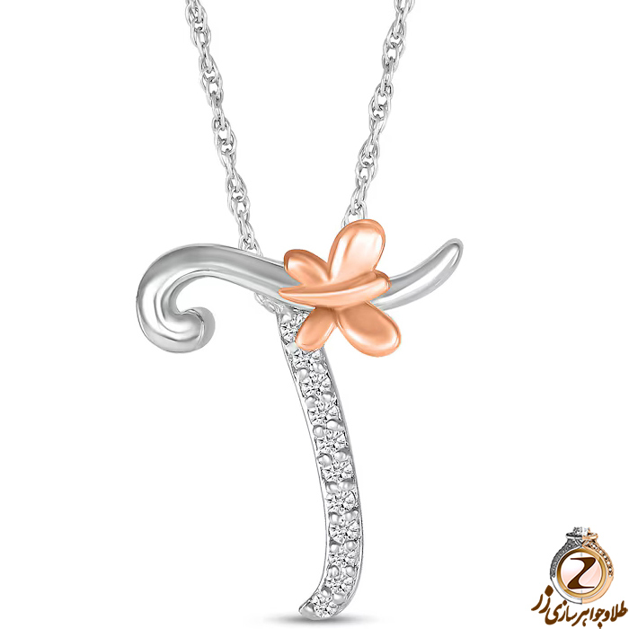 خرید و قیمت پلاک طلا حرف T زنانه طرح پروانه با نگین برلیان طلای سفید و رزگلد - سایت زر