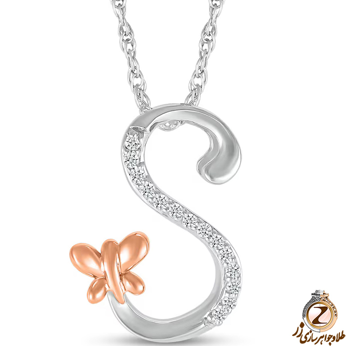 خرید و قیمت پلاک طلا حرف S زنانه طرح پروانه با نگین برلیان طلای سفید و رزگلد - سایت زر