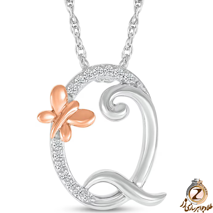 خرید و قیمت پلاک طلا حرف Q زنانه طرح پروانه با نگین برلیان طلای سفید و رزگلد - سایت زر
