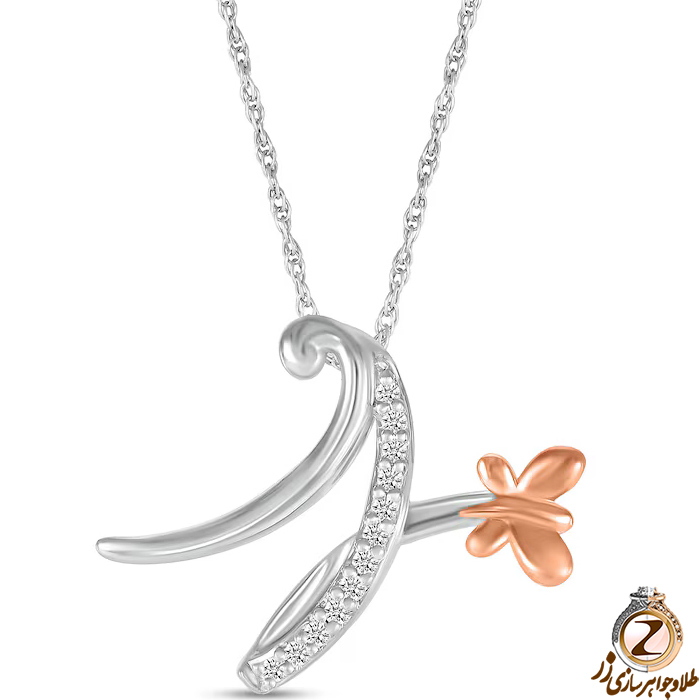 خرید و قیمت پلاک طلا حرف N زنانه طرح پروانه با نگین برلیان طلای سفید و رزگلد - سایت زر