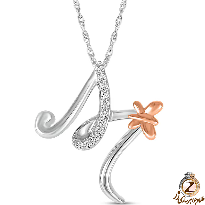 خرید و قیمت پلاک طلا حرف M زنانه طرح پروانه با نگین برلیان طلای سفید و رزگلد - سایت زر