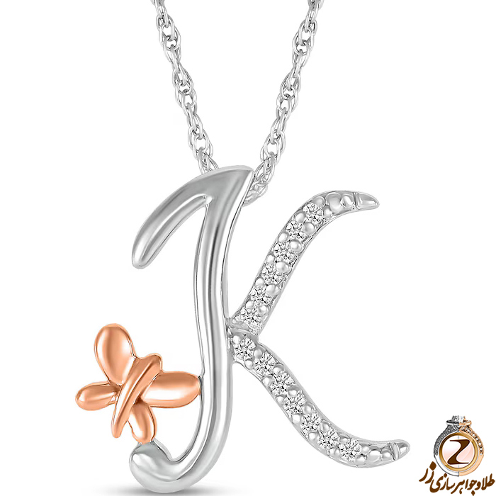 خرید و قیمت پلاک طلا حرف K زنانه طرح پروانه با نگین برلیان طلای سفید و رزگلد - سایت زر