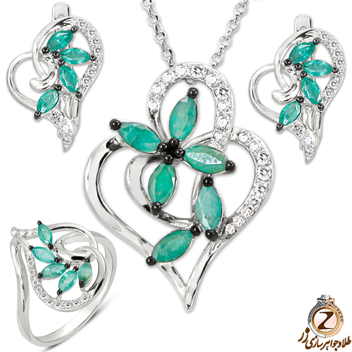 خرید و قیمت نیم ست آویز، گوشواره و انگشتر طلا و جواهر زنانه با نگین زمرد و برلیان طرح قلب - سایت زر