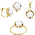 نیم ست طلای زرد و سفید با نگین مروارید و الماس تراش برلیان مدل: hsdf1449