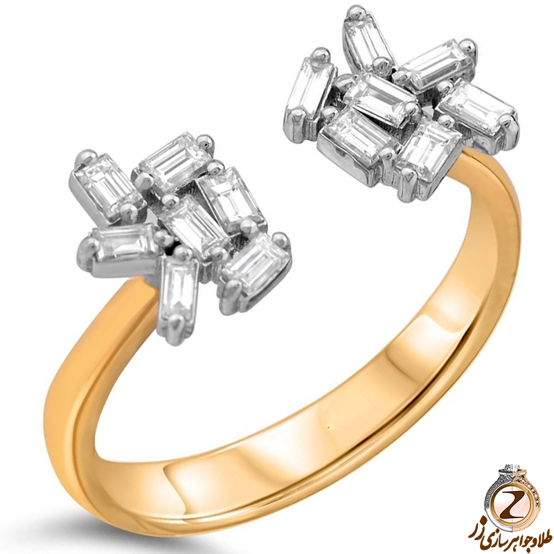 خرید و قیمت انگشتر الماس تراش باگت جدید لاکچری زنانه و طلا زرد 18 عیار طرح دو طرفه - سایت زر