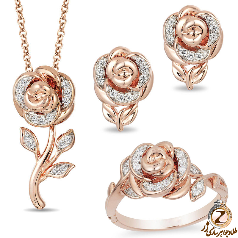خرید و قیمت نیم ست گل رز طلا و جواهر زنانه 18 عیار جدید طلای رزگلد و الماس تراش برلیان خاص و مدرن - سایت زر