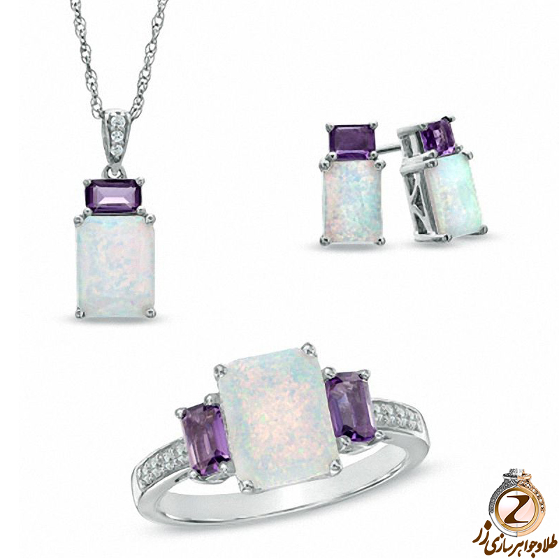 خرید نیم ست آویز، گوشواره و انگشتر با نگین آمیتیست، اوپال و الماس تراش برلیان به همراه قیمت در سایت زر