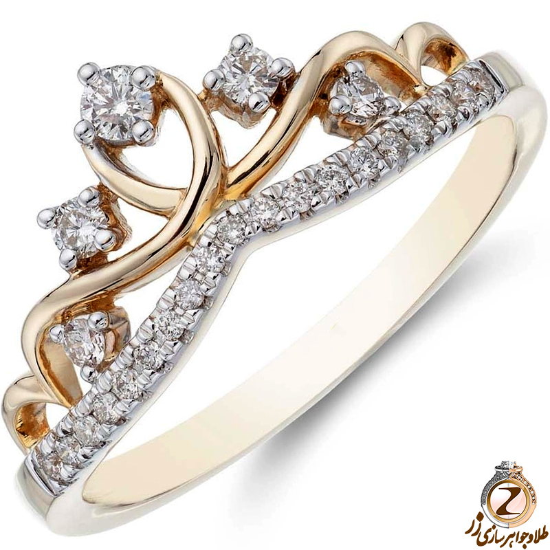 قیمت حلقه نامزدی طلا زرد جواهر زنانه با نگین الماس تراش برلیان طرح تاج - خرید در سایت زر