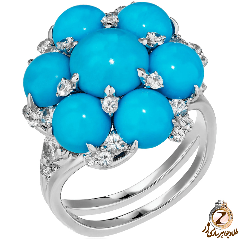 عکس و مدل انگشتر فیروزه زنانه طلا و جواهر طرح گل نگین برلیان و طلای سفید 18 عیار - خرید و قیمت در سایت زر