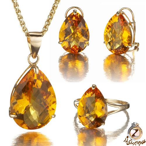 مدل نیم ست طلا و جواهر زنانه گوشواره و آویز طلا 18 عیار با نگین سیترین - سایت زر