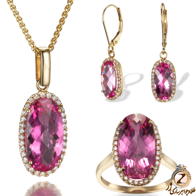 نیم ست گوشواره و آویز طلای رز گلد با نگین برلیان و تورمالین مدل: hsdf1219