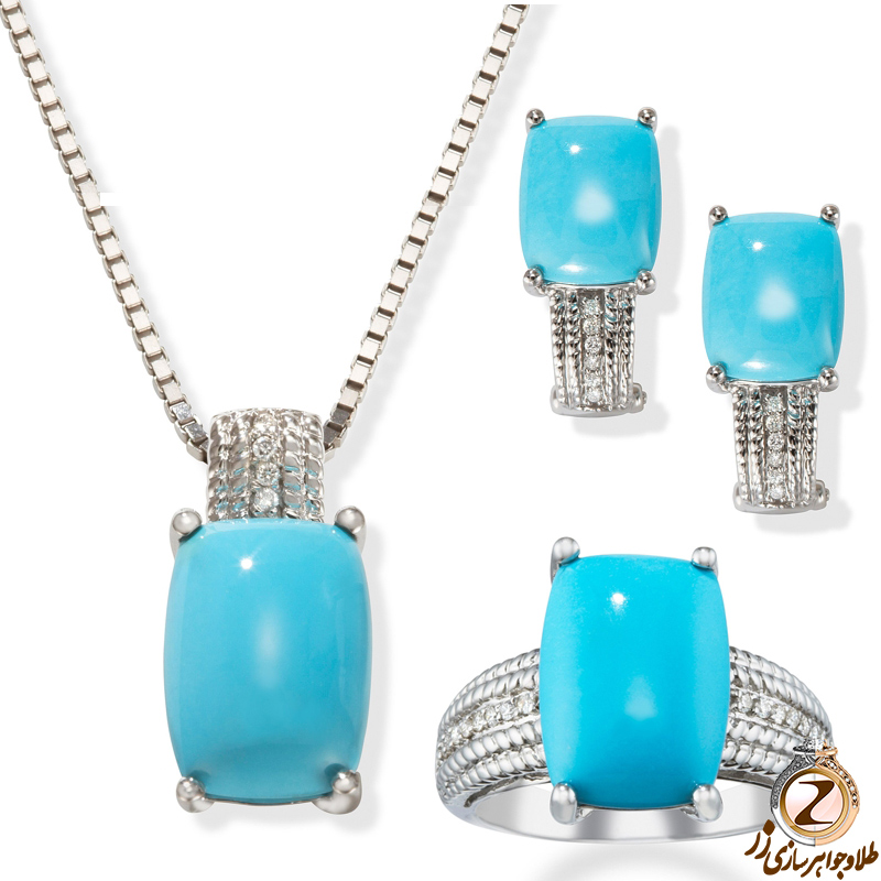 نیم ست جواهر زنانه سه تکه انگشتر، آویز و گوشواره با نگین فیروزه و برلیان