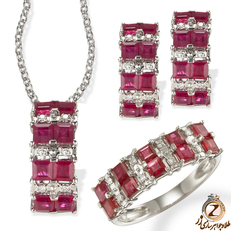 قیمت نیم ست انگشتر، آویز و گوشواره با نگین برلیان و یاقوت قرمز و طلا سفید - سایت زر