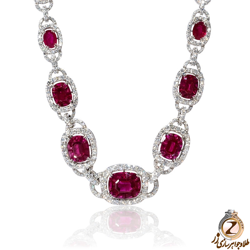 خرید اینترنتی گردنبند طلا سفید 18 عیار زنانه جواهر با نگین یاقوت قرمز و الماس تراش برلیان - سایت زر