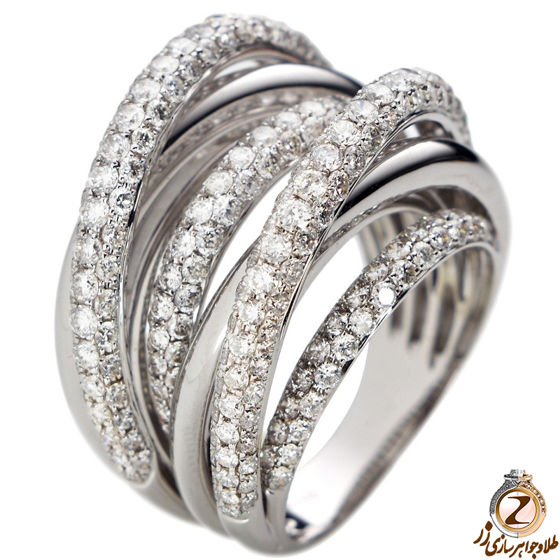 عکس انگشتر الماس تراش برلیان زنانه با طلای سفید طرح چندتایی بزرگ و لاکچری - سایت زر