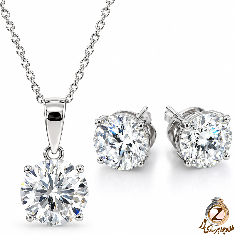 نیم ست جواهر مینیمال طلا سفید با نگین الماس 