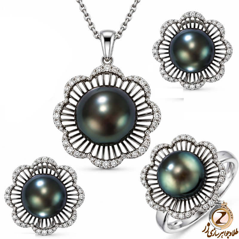 نیم ست آویز و گوشواره و انگشتر با نگین مروارید و برلیان طرح فلاور مدل: hsdf1281