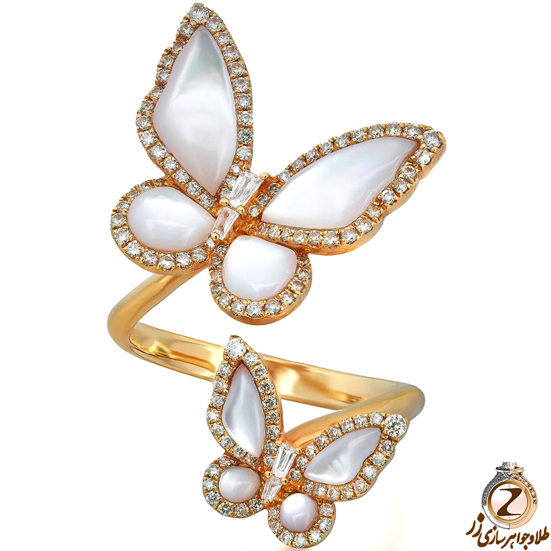 خرید انگشتر پروانه طلا ظریف زنانه جدید جواهر صدف و الماس تراش برلیان به همراه قیمت آنلاین در سایت زر
