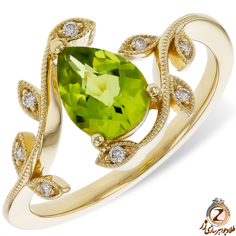 انگشتر طلا زنانه جدید و جواهر برلیان و زبرجد طرح برگ - سایت زر
