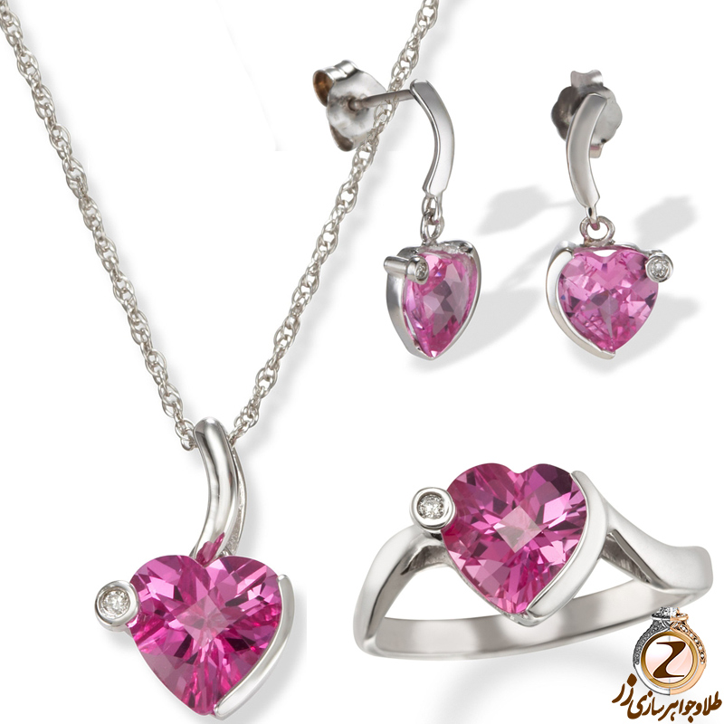 خرید نیم ست قلب جواهر آویز و گوشواره و انگشتر نگین تورمالین و برلیان طرح شیک و مینیمال در سایت زر