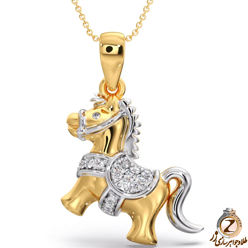 خرید گردنبند طلا کودک طرح اسب شادان طرحی مناسب پسر و دختر با جواهر برلیان به همراه قیمت آنلاین در سایت زر