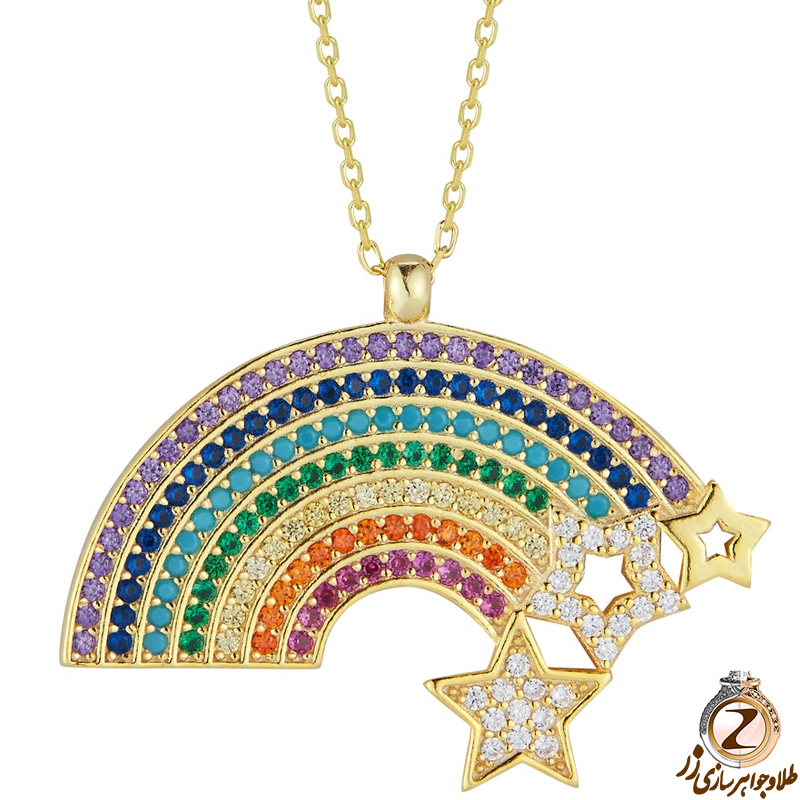 خرید و قیمت آویز رنگین کمان طلای کودکانه با دنیایی از رنگ های جواهر و الماس تراش برلیان طرح دخترانه - سایت زر