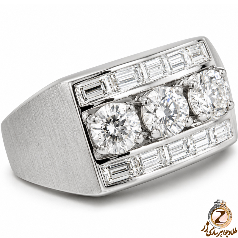 انگشتر طلای مردانه با نگین الماس تراش برلیان و باگت : مدل rgm1448
