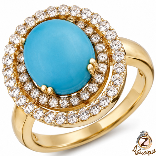 خرید انگشتر فیروزه اصل زنانه با طلا زرد 18 عیار و نگین جواهر برلیان - سایت زر