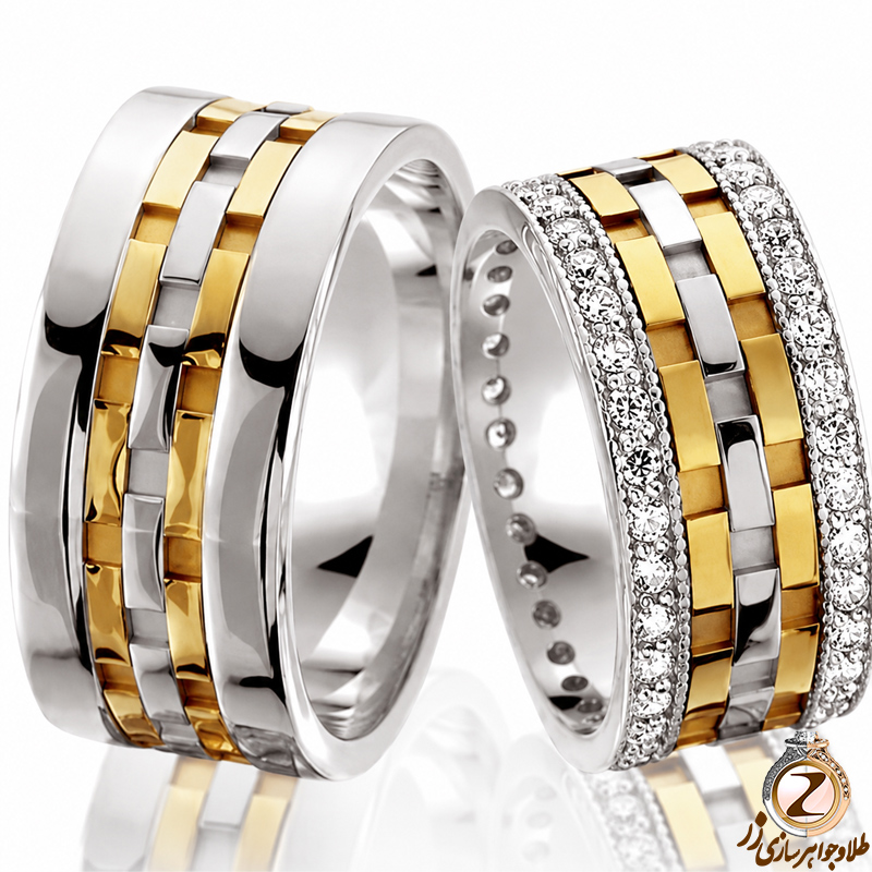 حلقه ست عروسی طلای زرد و سفید با نگین برلیان مدل: srd1149