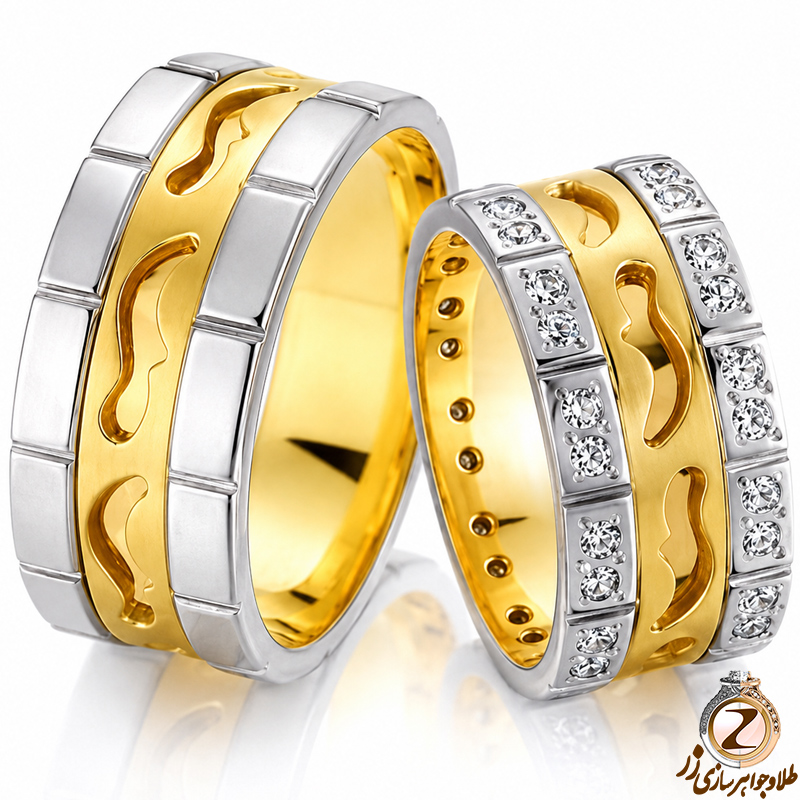 حلقه ست عروسی طلای زرد و سفید با نگین برلیان مدل: srd1151