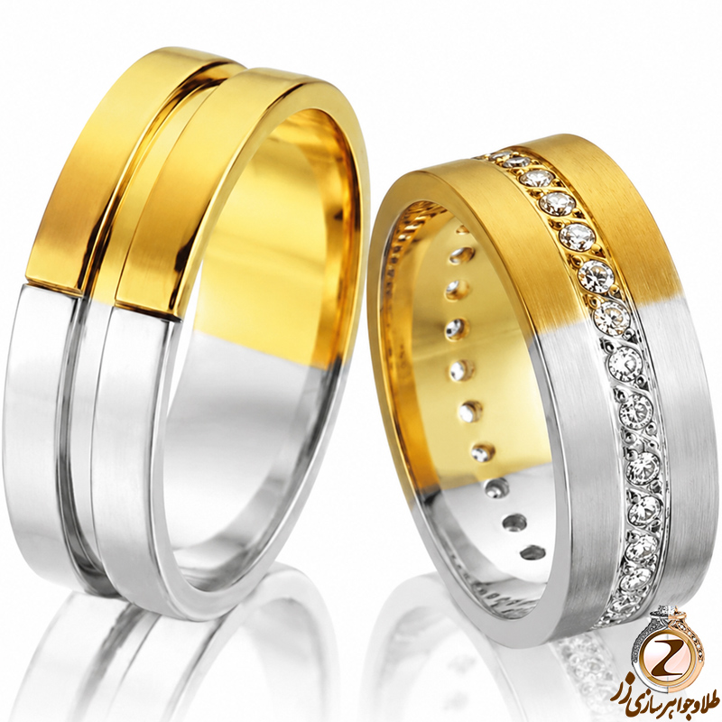 حلقه ست عروسی طلای زرد و سفید با نگین برلیان مدل: srd1155