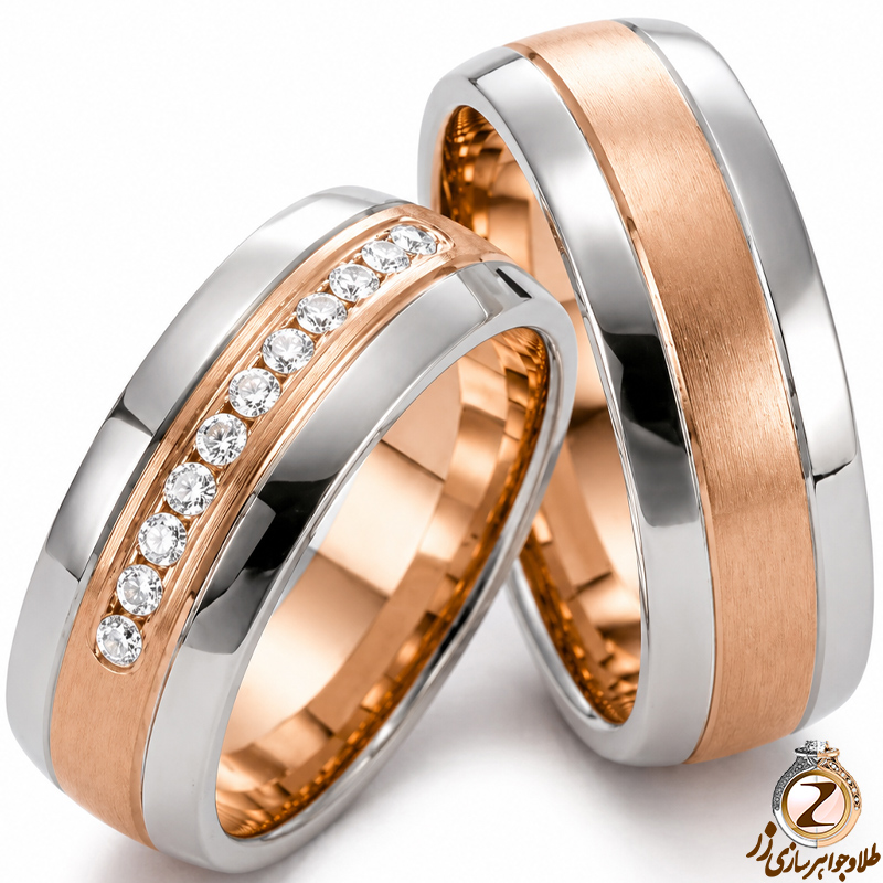 ست حلقه عروسی طلای مسی و سفید با نگین برلیان مدل: srd1160