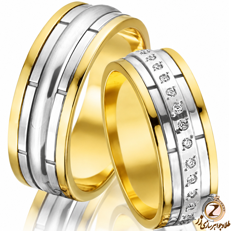 ست حلقه عروسی طلای زرد و سفید با نگین برلیان مدل: srd1164