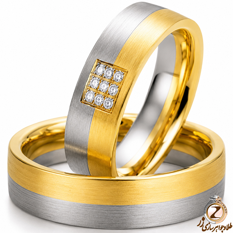 ست حلقه عروسی طلای زرد و سفید با نگین برلیان مدل: srd1169