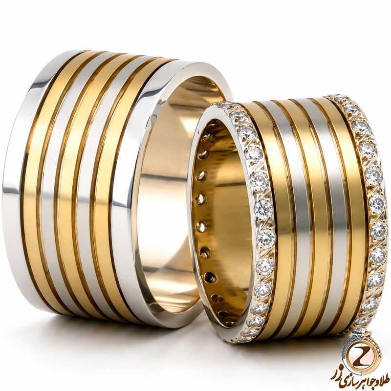 ست حلقه ازدواج طلای زرد و سفید با نگین برلیان مدل: srd1173