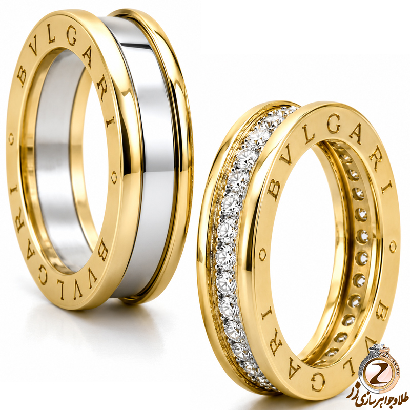 ست حلقه ازدواج طلای زرد و سفید با نگین برلیان طرح بولگاری مدل: srd1179