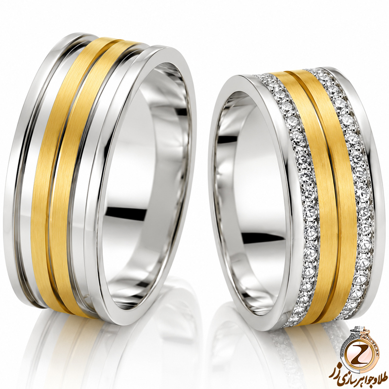 ست حلقه ازدواج طلا زرد با نگین الماس تراش برلیان مدل: srd1190